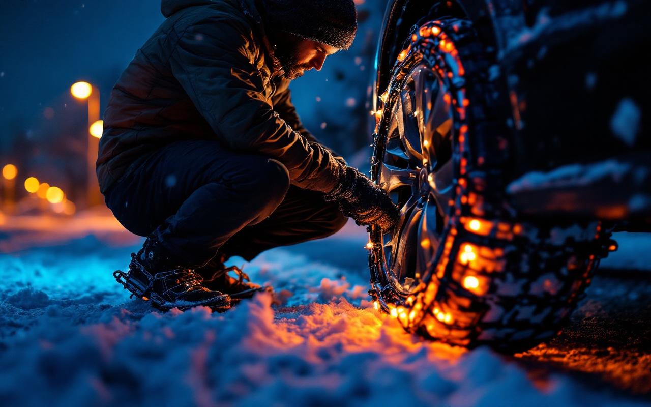 Conducteur installant des chaines sur la roue d'une voiture la nuit, mains gantées, bord de route enneigé, éclairage de réverbère chaud contrastant avec une lueur bleutée ambiante.