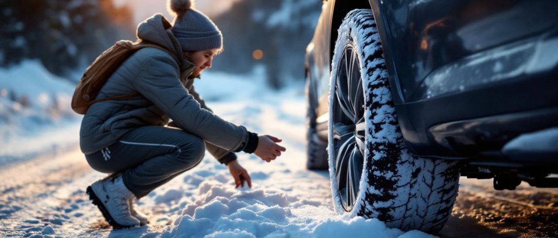 Personne en veste d'hiver installe des chaussettes de neige sur le pneu d'une voiture garée dans un parking de montagne enneigé, lumière volumétrique douce et léger halo de coucher de soleil, montagnes en arrière-plan.