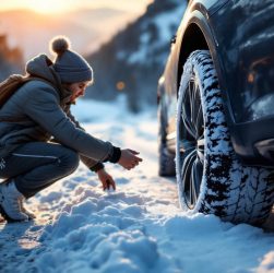 Personne en veste d'hiver installe des chaussettes de neige sur le pneu d'une voiture garée dans un parking de montagne enneigé, lumière volumétrique douce et léger halo de coucher de soleil, montagnes en arrière-plan.