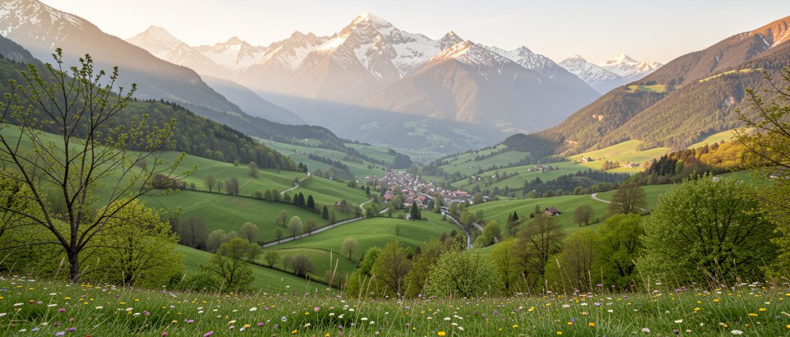 Vue panoramique des Pyrénées au printemps, avec une vallée verdoyante, un petit village de montagne et des sommets encore enneigés sous une lumière douce.