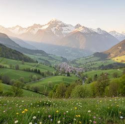 Vue panoramique des Pyrénées au printemps, avec une vallée verdoyante, un petit village de montagne et des sommets encore enneigés sous une lumière douce.