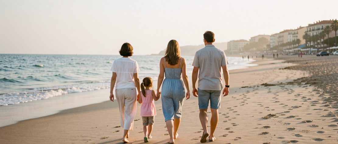 Une famille marche vers une plage de sable fin au lever du soleil dans une station balnéaire française.