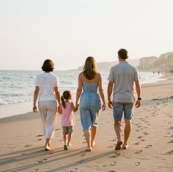 Une famille marche vers une plage de sable fin au lever du soleil dans une station balnéaire française.