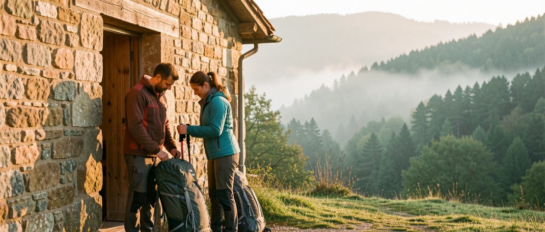 Maison de vacances en pierre près de Laroque-d’Olmes, avec un homme et une femme préparant leurs sacs de randonnée au lever du jour, devant les collines boisées de l’Ariège.