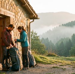Maison de vacances en pierre près de Laroque-d’Olmes, avec un homme et une femme préparant leurs sacs de randonnée au lever du jour, devant les collines boisées de l’Ariège.