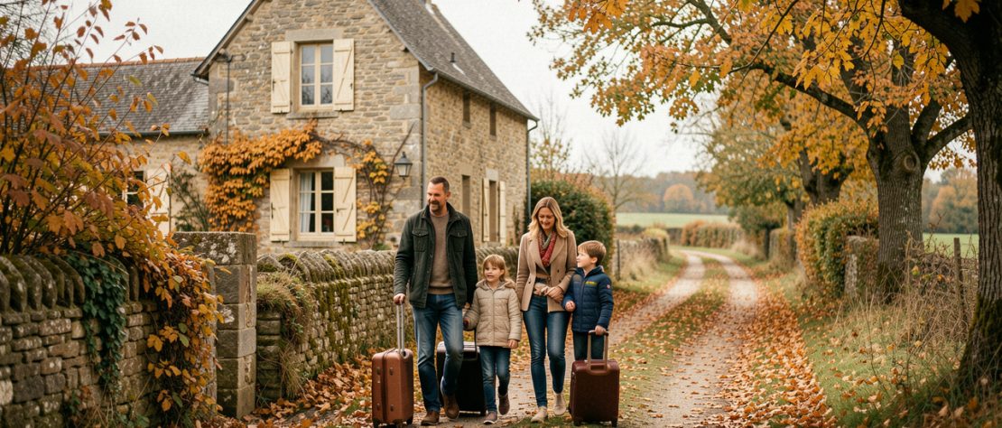 Une famille de quatre personnes arrive avec ses valises devant un gîte en pierre dans la campagne française, entourée de feuilles dorées en automne.
