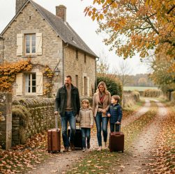 Une famille de quatre personnes arrive avec ses valises devant un gîte en pierre dans la campagne française, entourée de feuilles dorées en automne.