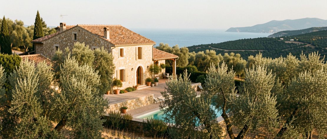 Maison provençale sur une colline du Var, entourée d’oliviers, avec une piscine discrète et la Méditerranée visible au loin dans la lumière de fin d’après-midi.