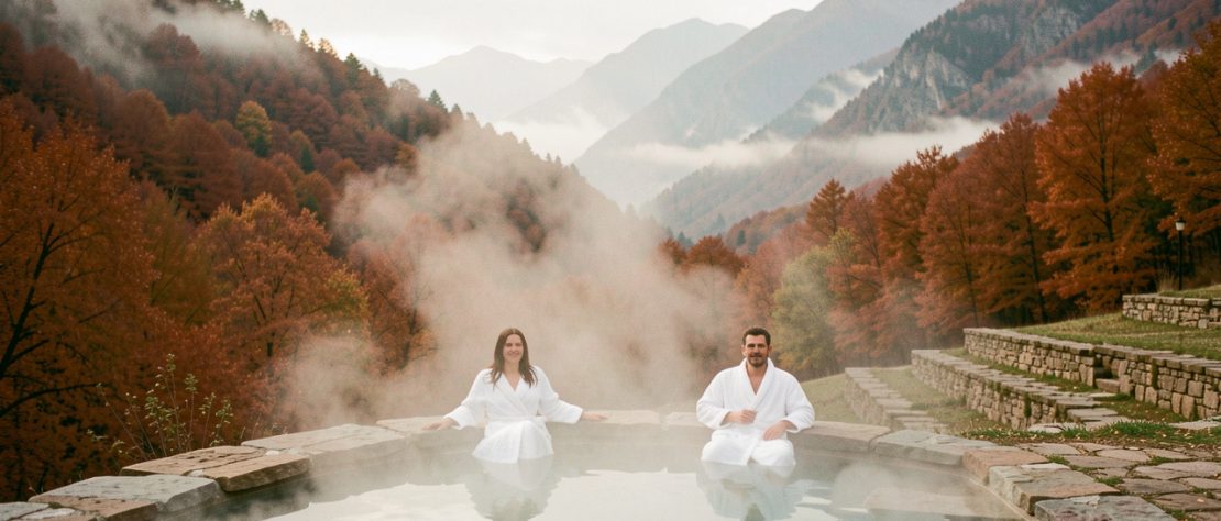 Bassin thermal extérieur fumant dans une vallée espagnole en automne, entouré d’une forêt rousse et de montagnes brumeuses, avec une femme et un homme en peignoirs blancs.