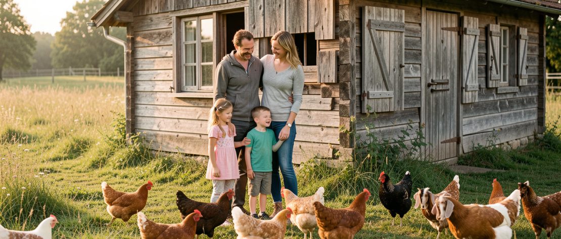 Une famille avec un homme, une femme, un jeune garçon et une jeune fille devant une cabane en bois au bord d’un pré, entourée de poules et de chèvres dans la lumière douce du matin.