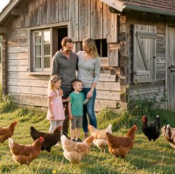 Une famille avec un homme, une femme, un jeune garçon et une jeune fille devant une cabane en bois au bord d’un pré, entourée de poules et de chèvres dans la lumière douce du matin.