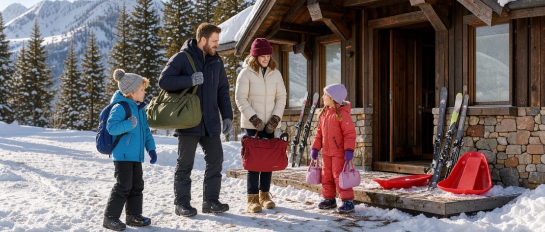 Une famille arrive devant une résidence de montagne enneigée, avec des skis et des luges déposés près de l’entrée sous la lumière claire du matin.