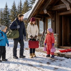 Une famille arrive devant une résidence de montagne enneigée, avec des skis et des luges déposés près de l’entrée sous la lumière claire du matin.