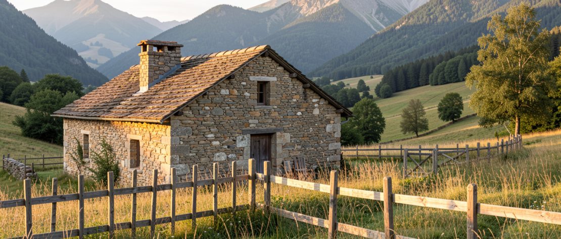 Gîte traditionnel en pierre dans une vallée ariégeoise, entouré de végétation, avec des montagnes boisées en arrière-plan sous une douce lumière matinale.
