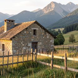 Gîte traditionnel en pierre dans une vallée ariégeoise, entouré de végétation, avec des montagnes boisées en arrière-plan sous une douce lumière matinale.