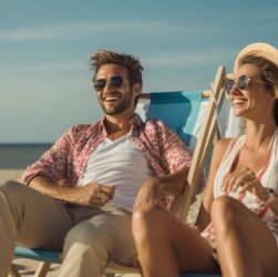 Voyageurs profitant d’une plage ensoleillée pendant leurs vacances en mai.